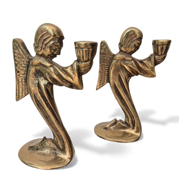 Vtg Solid Brass Set of 2 Kneeling Angel Candle Holders 5" - Small taper candles - Picture 1 of 6